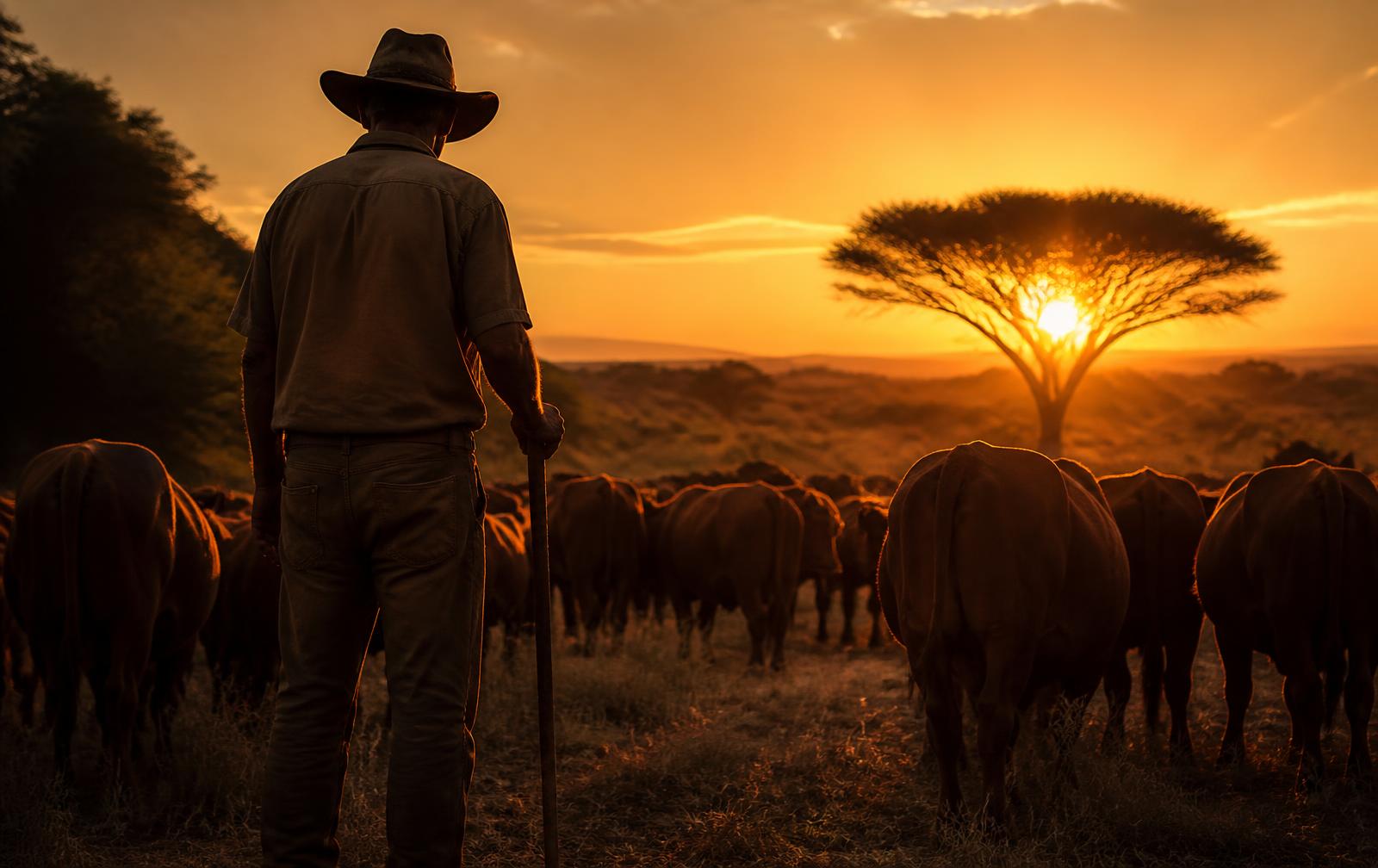 South African farmer with a herd of cattle at golden hour on the veld
